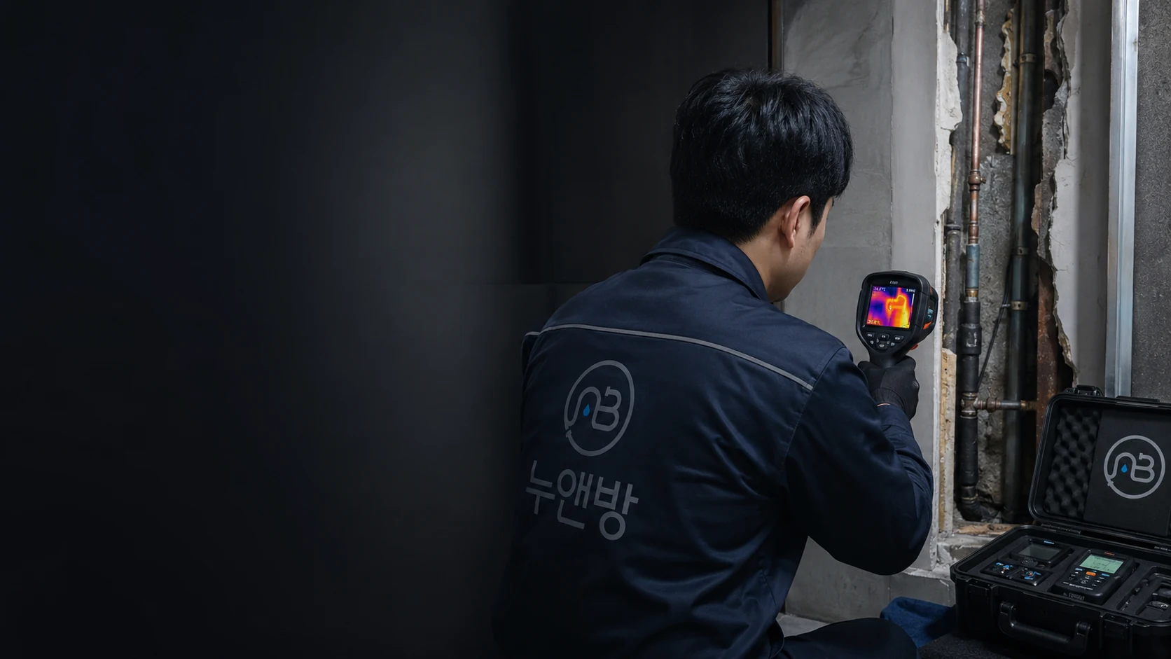 전문 장비를 이용해 누수 원인을 진단하는 기술자 이미지
